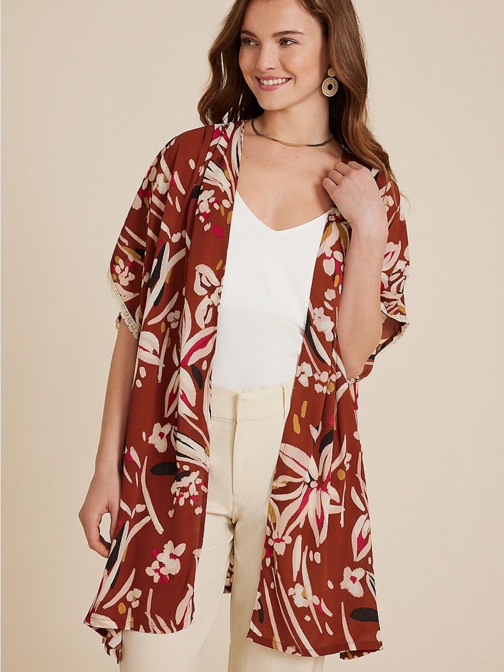Maurices Rust Brown Lace Trim Open Front Oversize Kimono Boho Flowy One Size NWT